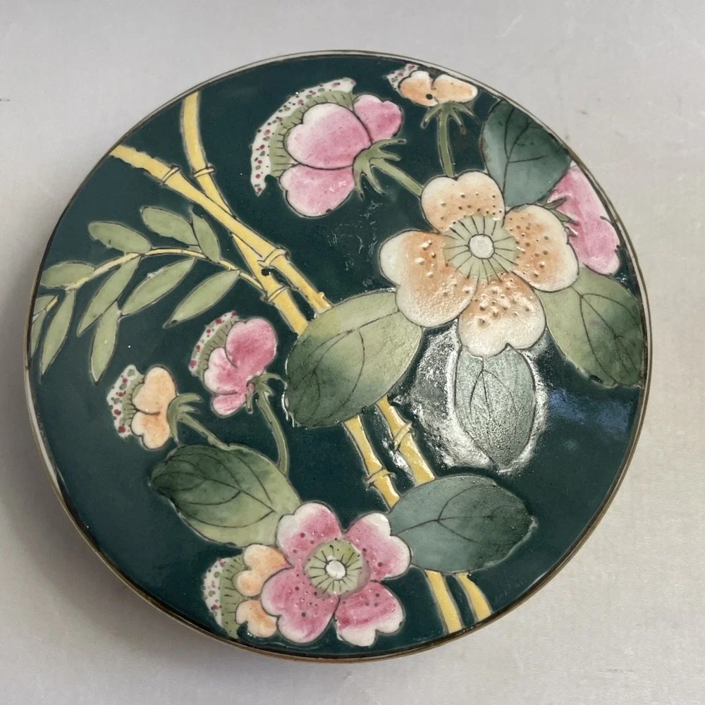 Vintage Chinoiserie Botanical Trinket Jewelry Box Lid‎ Porcelain Bamboo Stamped
